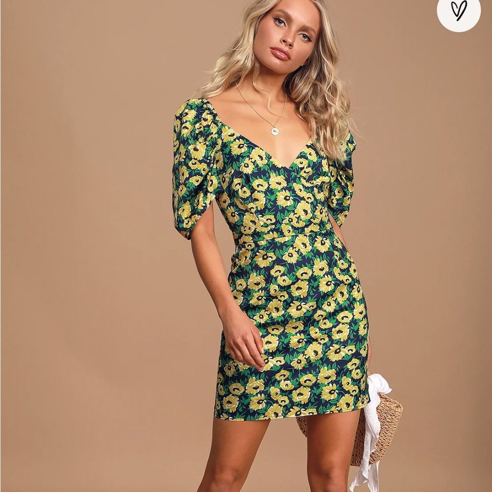 Floral Inclusive Navy Blue Floral Print Puff Sleeve Mini Dress